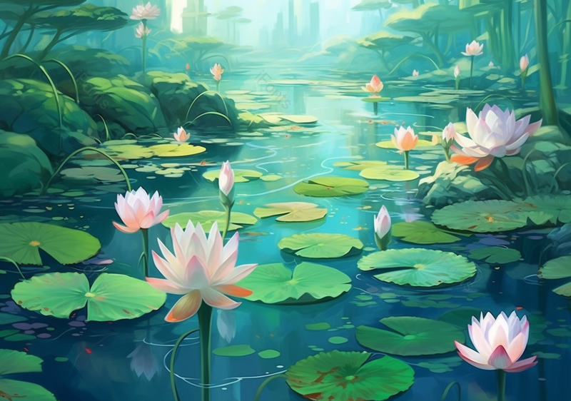 水面荷花荷叶背景,插画/手绘图,插画/手绘图库,插画/手绘图下载,插画/手绘